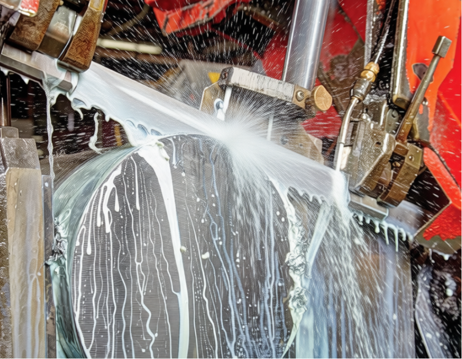 Close-up of coolant and hydraulic fluid reservoirs on a band saw
